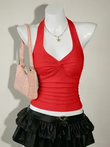 Women's V-Neck Halter Top, Front Knot Design, Sleeveless, Pleated Slim Fit, Casual Summer Tank Top, Comfortable and Stylish