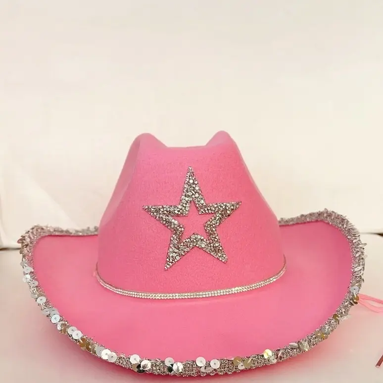 Pink Cowboy Hat with Sequins and Rhinestone Star for Women - Perfect for Halloween Costume Party hats for
