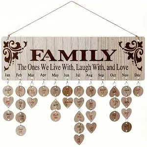 Wooden DIY Calendar with Heart-Shaped Tags, Perfect for Celebrations, No Power Needed, Ideal Gift for Family, 50 Labels for Christmas, Birthday, Mother's Day