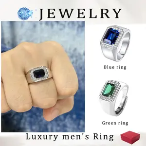 Men’s Radiant Cut Colored Cubic Zirconia Ring｜Modern Adjustable Wedding & Engagement Band｜Luxury Statement Jewelry Gift for Husband, Dad or Grandpa