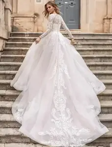 Luxury Wedding Dresses O-Neck A-Line Sexy Bridal Gowns Lace Appliques