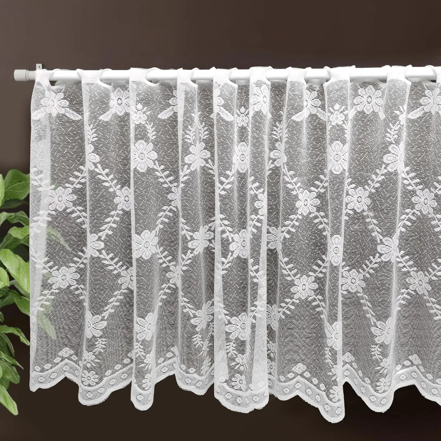 White Lace Window Valance - 55"x23.6" Floral Semi-Sheer Curtain with Rod Pocket   Sheer for Bedroom/Bathroom, Farmhouse & Cottage Decor 007