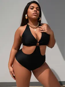 Trendy Women Halter Neck Black Cutout One-Piece Swimsuit for Beach