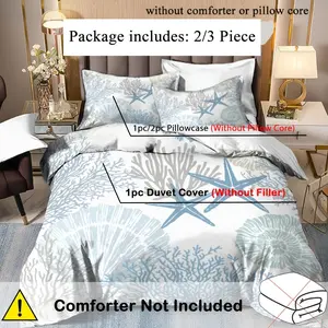 3-Piece Bedding Set, Cartoon Elegant Ocean Theme Blue Starfish Shell Coral Print, Bedroom & Guest Room, 1 Duvet Cover 2 Pillowcases