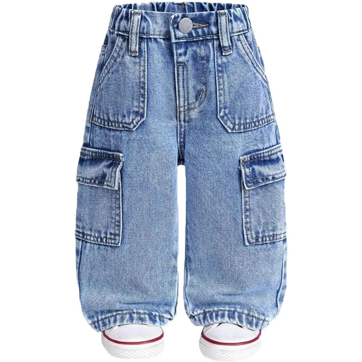 Toddler Boys' Cargo Denim Pants with Elastic Waist, Straight Wide Leg, Cargo Pockets & Loose Fit, Casual Kids Clothes for 6M-3Y