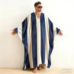 Men's Blue Stripe Print V-Neck Plush Pullover Kaftan - Soft Brushed Cotton Long-Sleeve Closed-Front Nautical Coastal Loungewear Robe for Sleep