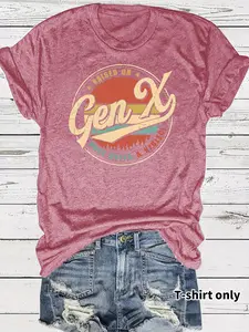 Women's Gen X Graphic Print Casual Summer Top, Round Neck Short Sleeve Fitted T-Shirt, Lightweight Comfortable Breathable, S-Xxl, Versatile Daily Wear