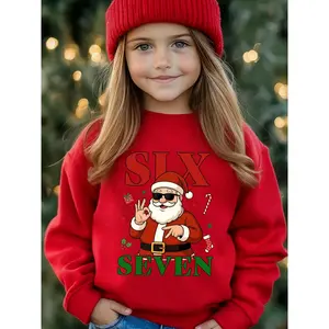 Girls' Christmas Fashion Fleece Sweatshirt | "Six Seven" Santa with Glasses and "67" Gesture, Gift Box, and Stocking Prints | Casual Crew Neck, Regular Fit, Fall/Winter, Slight Stretch Fabric.