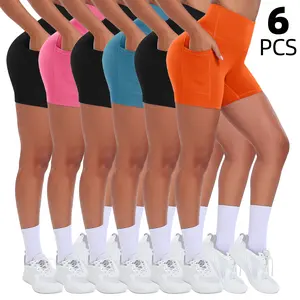 Women’s athletic shorts with high waist, pockets, high elasticity, lightweight breathable fabric—suitable for summer workouts, yoga, and everyday wear; available in packs of 4 or 6.