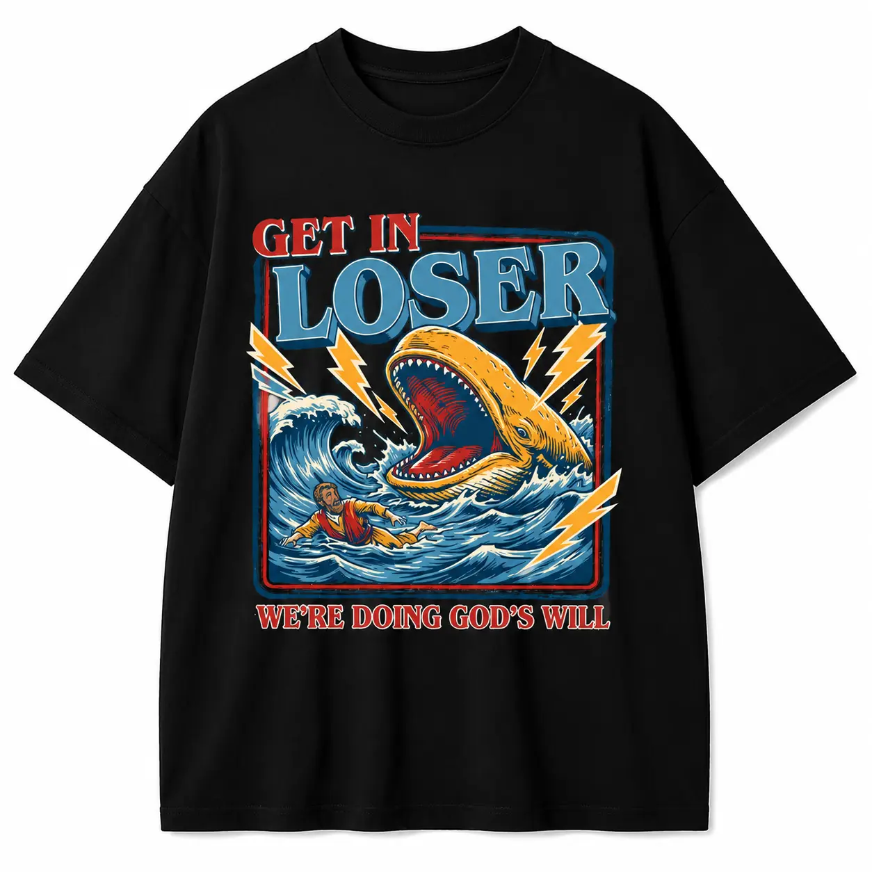 Men's Unisex Cotton Round Neck Oversized Washed T-Shirt - Christian Streetwear, Jonah and the Whale Graphic, "Get In Loser We're Doing God's Will" Verse, Faith Humor Fabric Style Religious Gift,summerwins,father'sdaygifts