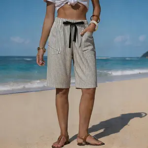 Women's Faux Linen Striped Bermuda Shorts Casual Drawstring Elastic Waist Summer Vacation Beach Shorts with Pockets