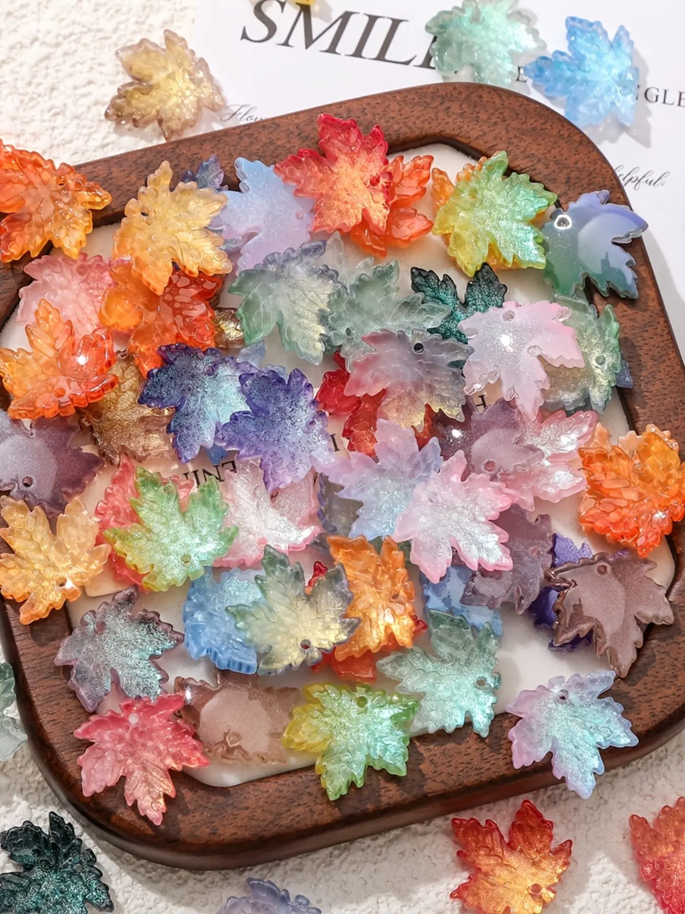 24 Maple Leaf Shaped Premium Glass Beads, Realistic Details and Semi-Transparent Design, Multi-Color Mix Beads for DIY Jewelry Making and Fall Crafts, Bead Assortment, Beading Supplies