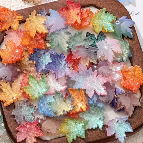 24 Maple Leaf Shaped Premium Glass Beads, Realistic Details and Semi-Transparent Design, Multi-Color Mix Beads for DIY Jewelry Making and Fall Crafts, Crafting Beads, Bead Assortment