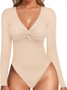 1 Count Women's V-Neck Long Sleeve Slim Fit Ruched Jumpsuit, Fitted, Basic Casual Stretchy Bodysuit, Solid Color Loungewear Tops, Y2K Womenwear, Cute, Chic, European Style, Low Neck, Daily Wear, Outing Fashion, Suitable for Daily and Outing