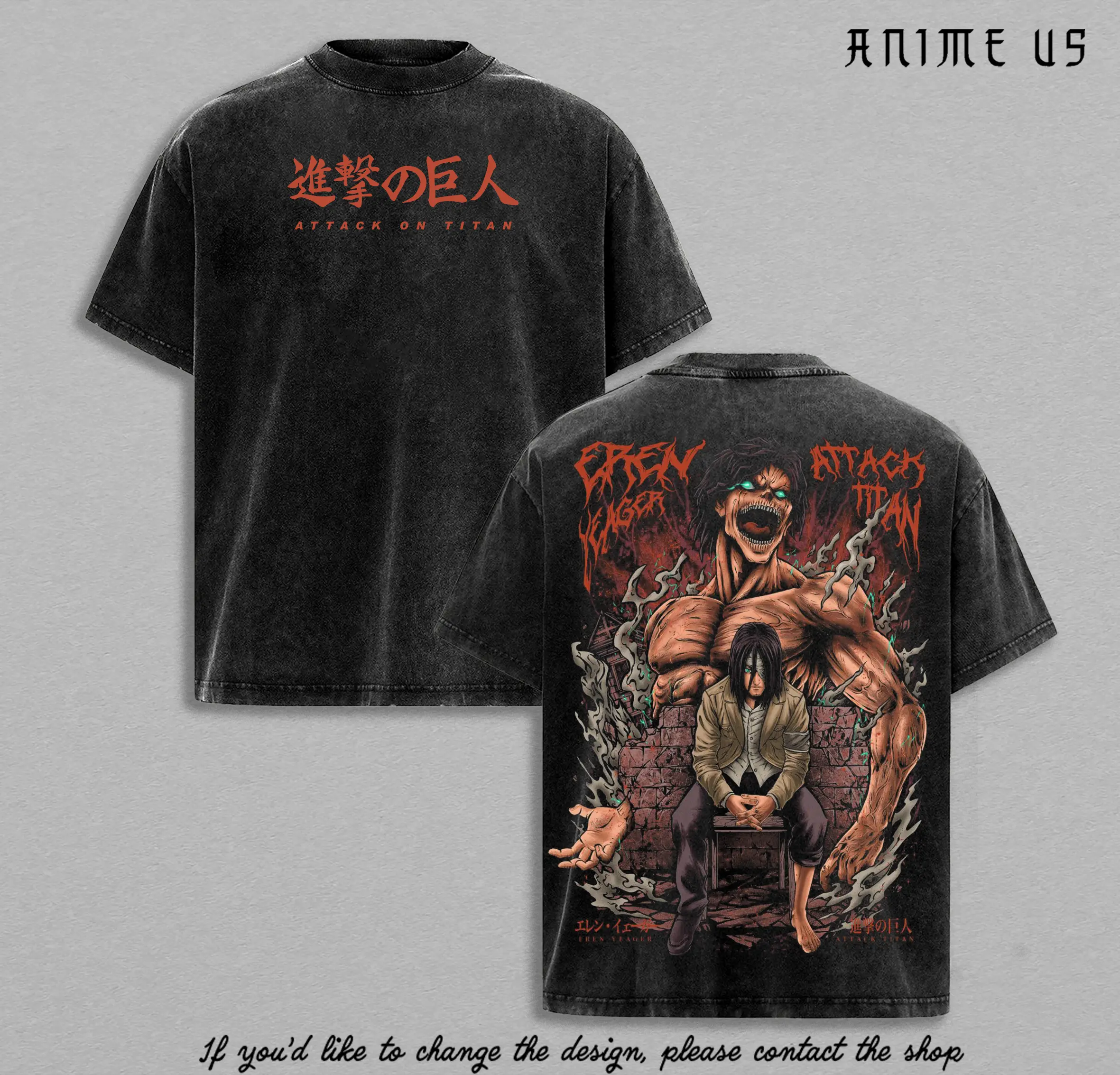 Eren Yeager Attack on Titan Anime Vintage Washed Oversized Graphic Tee Titan Form Rage AOT Streetwear Shirt
