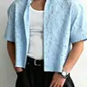 Streetrush Men's Young Street Style, Studio Style Luxury Textured Jacquard Fabric Shirt, Button Down Loose Short Sleeve Cropped Shirt, Casual Trendy Shirt, INS Hot Selling, Top, Comfortable, Casual, Suitable For Casual G, Menswear