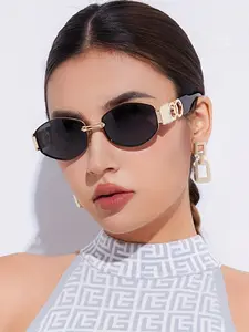 Vintage Oval Narrow Frame Sunglasses for Women and Men, Hexagonal Golden Metal Sunglasses with UV Protection