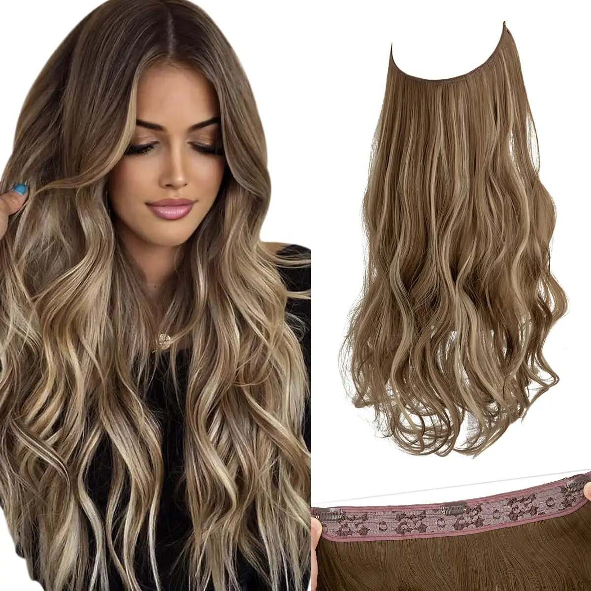 Invisible Wire Hair Extensions with 3 Clips Long Synthetic Wavy Curly Hairpiece Adjustable Transparent Headband for Women 18 Ih Ash Medium Brown/Ash Blonde Highlights Adjustable Straight Human Hair Extensions