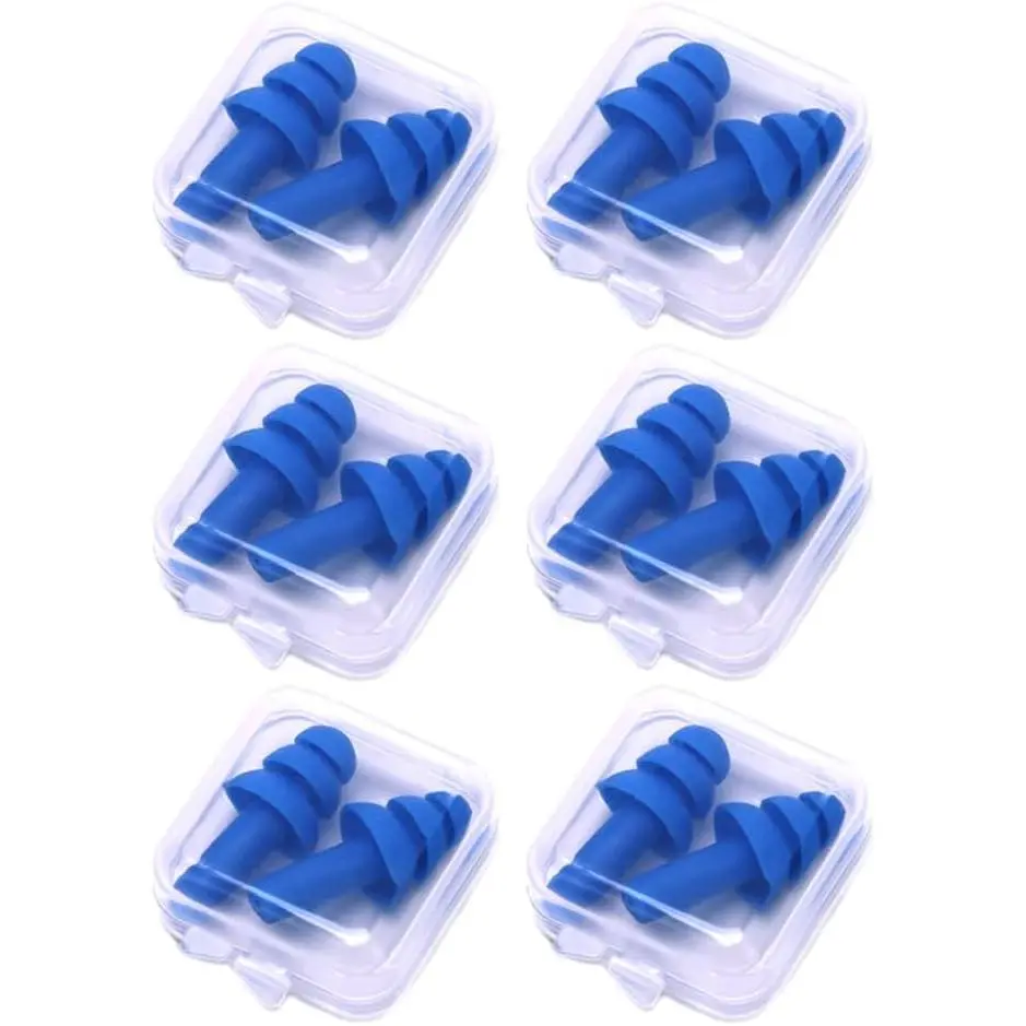 6-Pair Soft Silicone Swimming Earplugs for Adults, Blue Flanged Unisex Design, Waterproof and Reusable for Swimming Pool, Snorkeling, and Showering, Swimming Accessories