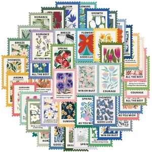 Vintage Flower Stamp Pattern Sticker, 50pcs/set Self Adhesive Decorative Stickers, DIY Decals for Water Bottle, Laptop, Phone Case, Scrapbooking, Floral Pattern Sticker