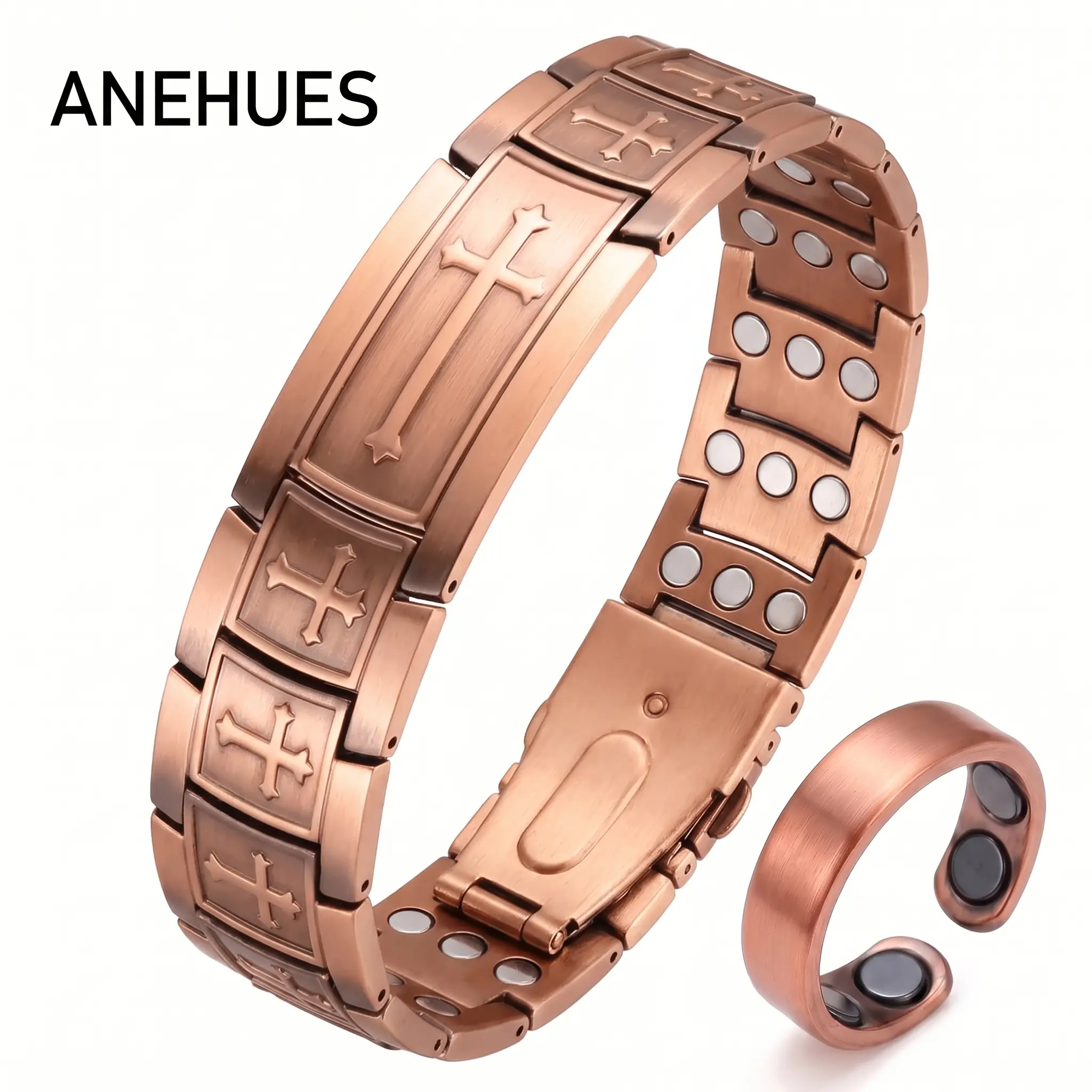 [Buy 1 Get 1] Anehues Magnetic Copper Bracelet &  Copper Ring Gift Set for Men | 99.99% Pure Copper, 3800 Gauss, Adjustable Fit | Pulsera Magnética de Cobre y Anillo Ajustable
