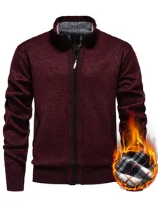 Men's Knit Cardigan Sweater Jacket, Winter New Casual Stand Collar Fleece Lined Coat, Warm Zipper Pullover Outerwear, Soft Polyester Fabric, Winter Fashion Clothing, Dad Gifts, Casual Fitted Jackets