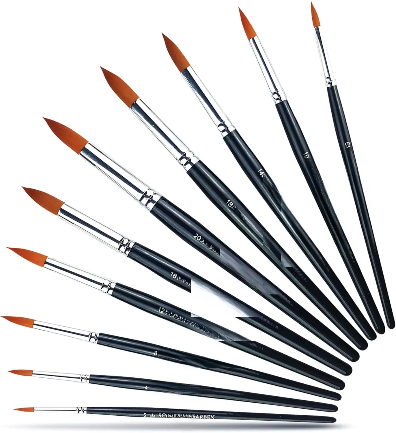 - 10- Round  Brush Set, Large and Small  Brushes for  Painting, Gouache, Watercolor, Oil and Tempera, Soft Synthetic Round Tip, Various Sizes from 2 to 20