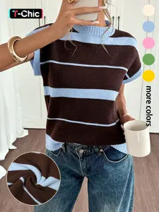 Women's Striped Round Neck Soft Knit Short Sleeve Top, Casual Versatile Simple Fashion, Perfect for Spring Summer Daily Commute Outdoor Activities, Knitwear