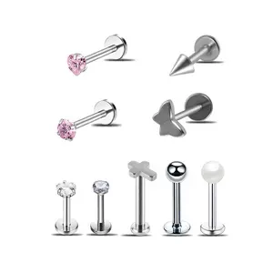 HERVAY 16G 8MM/10MM Hypoallergenic Titanium & Stainless Steel Lip/Ear/Nose Ring - Pink White Butterfly Triangle - Labret/Helix/Medusa/Conch/Lobe/Tragus Studs - Unisex Body Jewelry