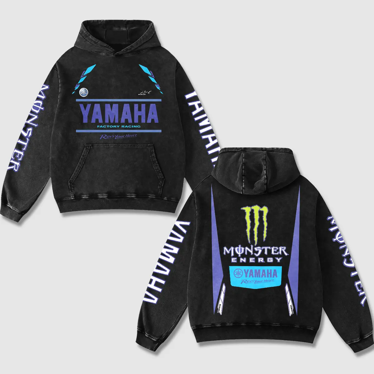 Retro Monster Energy x Yamaha Factory Racing Acid Washed Hoodie MotoGP World Champion Enthusiast Apparel Streetwear Racing Team Motorcycle Clothing Motobike Riders Supermotor Off-Road Dirt Bike Fan Gear Cotton For Motor Fan