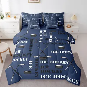 Boys Ice Hockey Comforter Set with Sheets,Sports Hockey Pucks Print Bedding Set for Teens Girls,Ball Gamer Decorations Bed in a Bag,Blue Bed Set