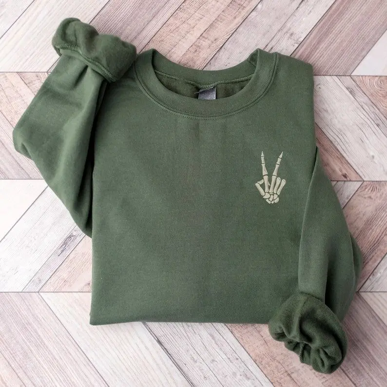 [Sale off up to 50%] Skeleton Hand Sweatshirt, Peace Sign Skeleton Sweater, Skeleton Halloween Crewneck, Dancing Skeletons Raglan Sweatshirt
