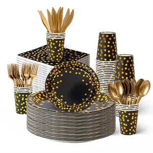 350 Pcs Black Golden Light Luxury Disposable Plates, Suit 25/50 Guests, Golden Ring 3D Texture, Heavy-Duty Leak-Proof Tableware for Formal Dinners, Birthday Parties, Christmas & All Occasions