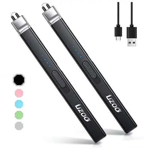 2 Pack Electric Candle Lighter, USB-C Rechargeable Plasma Arc Lighter with Safety Lock & LED Power Display, Windproof Flameless Long Lighter for Candles, Grill, BBQ, and Home Gifts (Black)