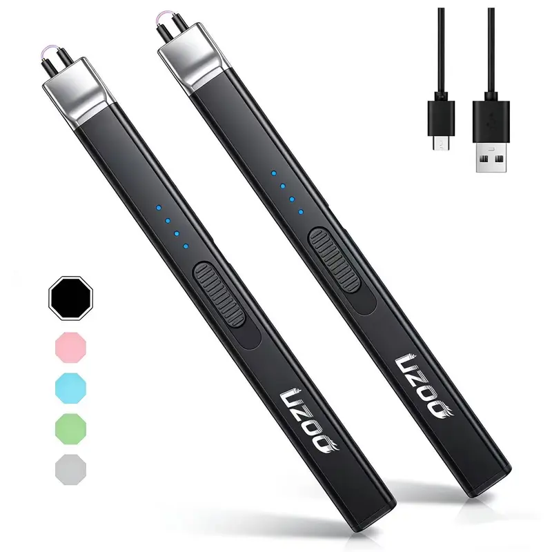 2 Pack Electric Candle Lighter, USB-C Rechargeable Plasma Arc Lighter with Safety Lock & LED Power Display, Windproof Flameless Long Lighter for Candles, Grill, BBQ, and Home Gifts (Black)