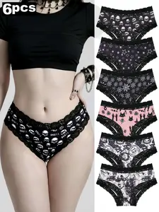 6-Pack Women's Thong Underwear Set, Lace Trim, Gothic Skull Print, Comfortable Casual Hipster Lingerie, Halloween Inspo, outfitinspo & baddie & halloween & lingerie & theboys, Casual Comfy Panties