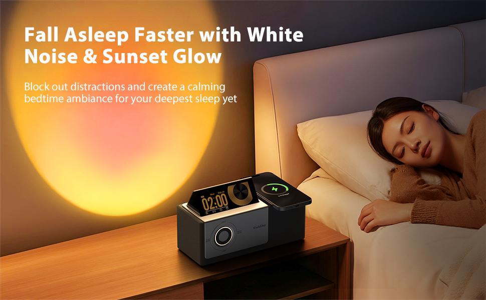 GoldJoy Flip-Up Display Screen Bluetooth Speaker, 7-in-1 Wireless Charging Station, Romantic Sunset Lamp, White Noise, Portable Bedside Speaker, Deep Bass Stereo Sound, Aesthetic Bedroom Decor, TikTok Home Gadget, Portable Outdoor Mini Bluetooth Speaker A