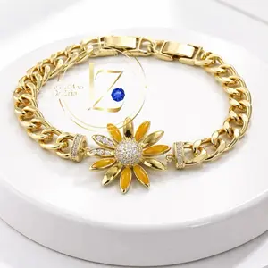 Gold Plated Chain Bracelet with Yellow Flower Pendant and Cubic Zirconia Accents for Women
