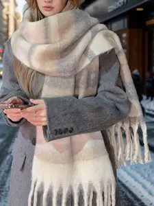 Women's Striped Cashmere Scarf, Soft Warm Woven Fabric, Casual Style, Perfect for Fall & Winter, Daily Wear, Travel Gift, Tassel Decor Shawl