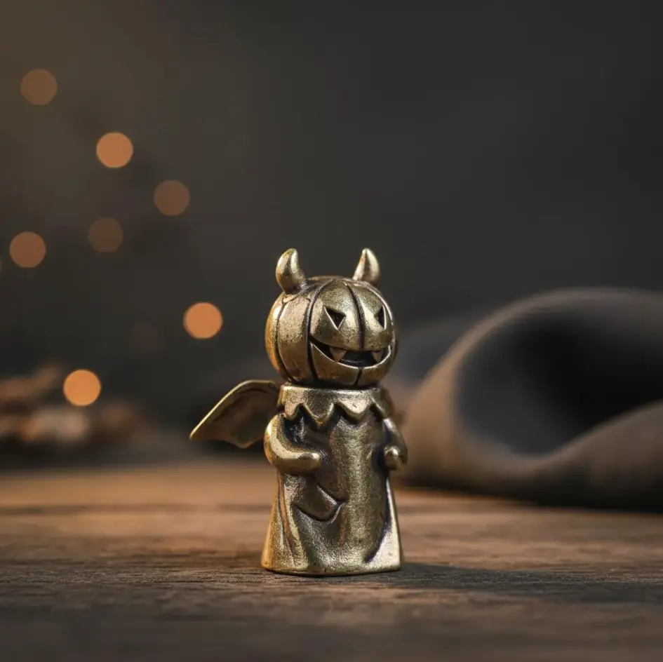 Vintage Brass Pumpkin Imp Figurine, Miniature Horned Jack-o'-Lantern Monster Statue, Gothic Halloween Desk Decor, Spooky Season Collectible Ornament,Antique Finish Metal Spooky Halloween Decor, Gothic Shelf Sitter, Unique Gift for Oddity Collectors