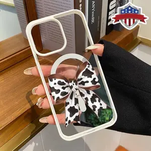 Bow-knot Magnetic Phone Case for iPhone 16 Plus 15 14 Pro Max 13 12 11, Non-Yellowing Drop Protection Trendy Cow Print Phone Cover Supports Wireless Charging.