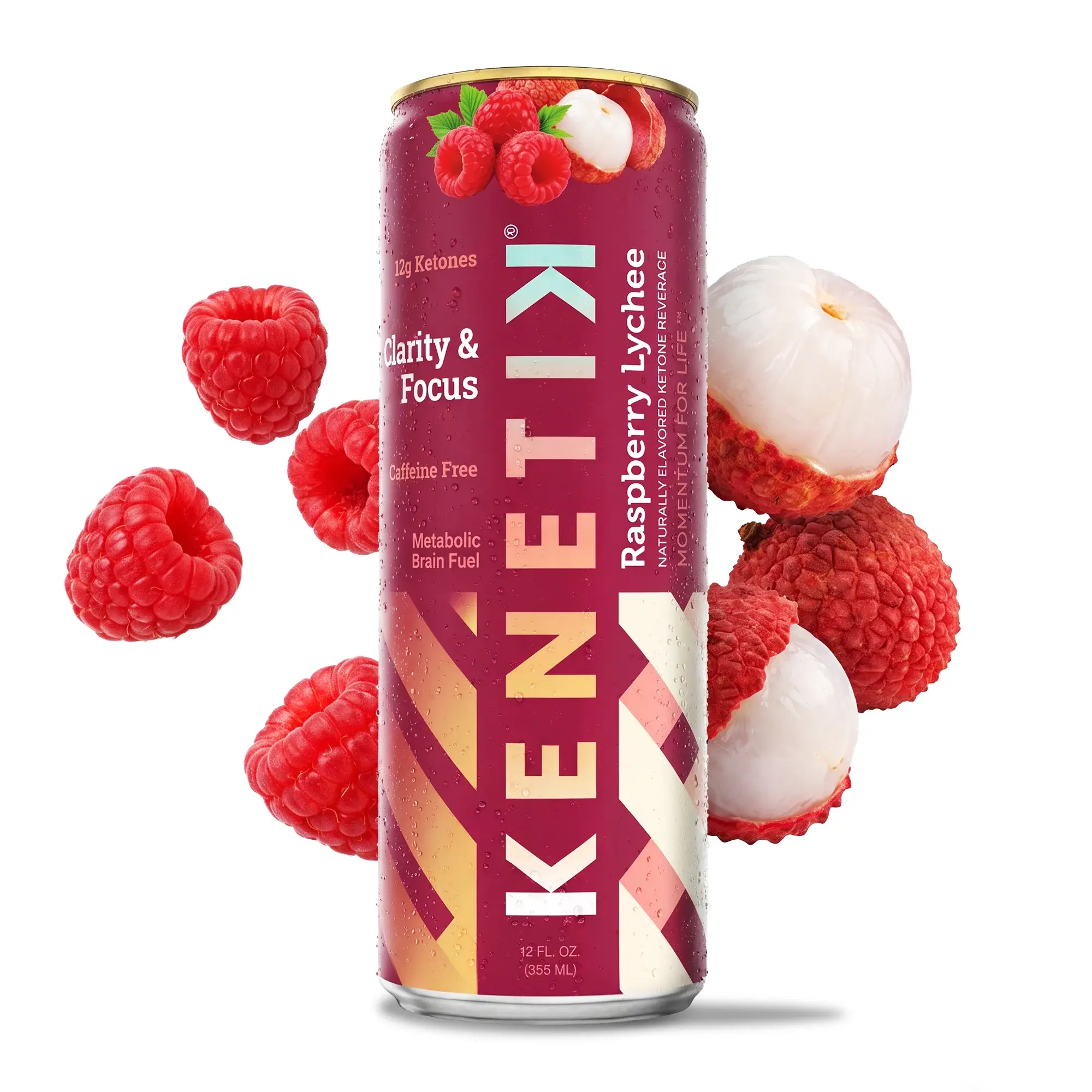 Limited Edition KENETIK Raspberry Lychee - Caffeine-Free Focus Drink - Brain Fuel for Mental Clarity and Cognitive Endurance, Sugar-Free, Bioidentical Ketones (D-BHB), 12 oz. cans