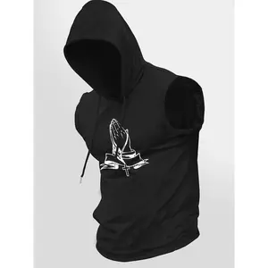 Men’s cartoon print hooded vest, regular fit casual sleeveless hoodie vest for summer, fashionable men’s clothing for daily wear, menswear, tank top hoodie, printed hooded, sweatshirts, graphic hoodies