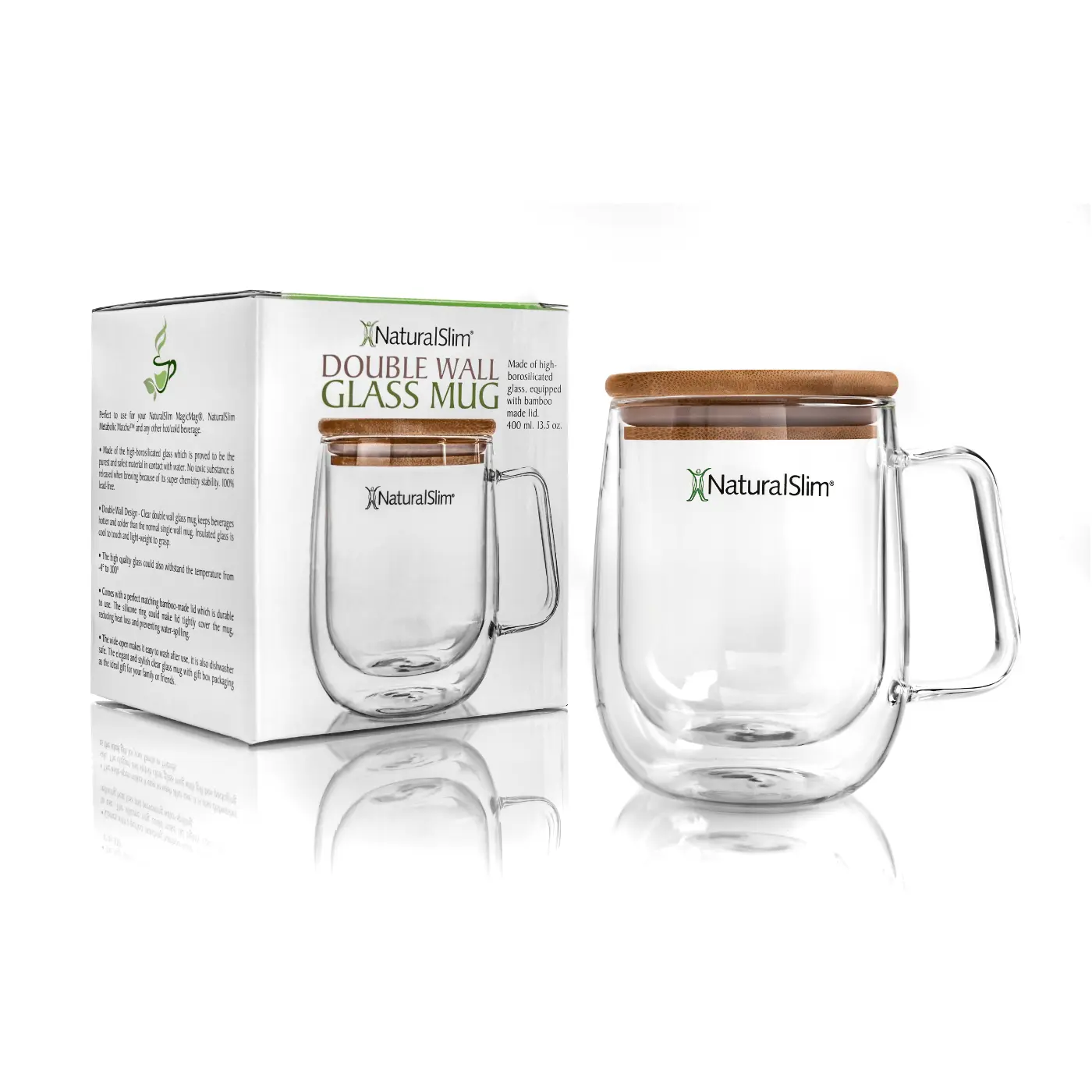 NaturalSlim Double-Walled Glass Cup Set - 400ml Borosilicate Glass Tumbler with Bamboo Lid NaturalSlim Double-Walled Glass Cup Set - 400ml Borosilicate Glass Tumbler with Bamboo Lid