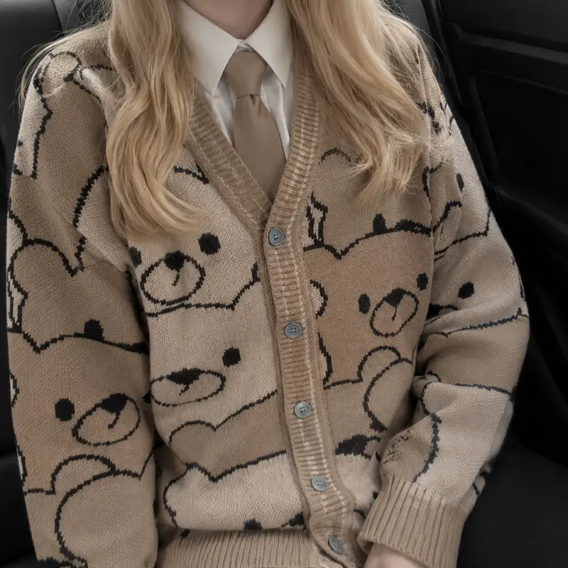 Women's Bear Pattern Polyester Knit Cardigan - 5 Colors, Casual V-Neck Button-Down Loose Long-Sleeve Tops, Fall Winter Lounge Pullover, XS-XL Sizes with Care Instructions Guarantee (Halloween/Easter Ready)
