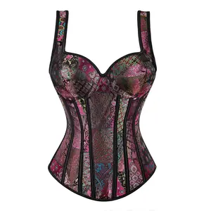 Women's Gothic Jacquard Shoulder Straps Tank Overbust Corset Bustiers Halloween Gothic Party Outfit 1569-T1