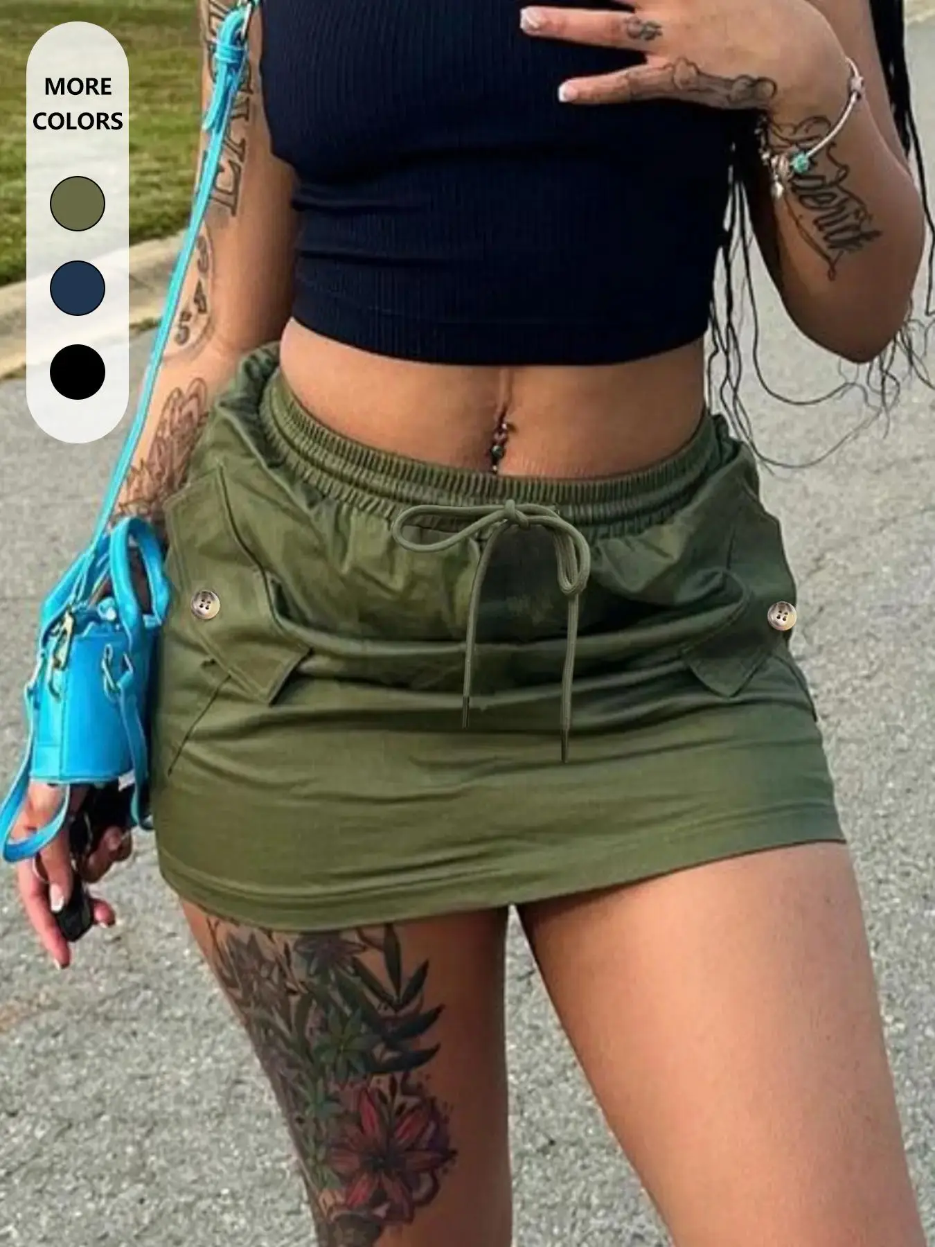 Women's Plain Button Pocket Drawstring Waist Cargo Skirt, Casual Streetwear Skirt for Daily Wear, Ladies Summer Bottoms