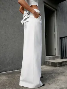 A women's white high-waisted wide-leg floor-grazing tailored trousers with a bow on the back, suitable for autumn and winter, and ideal for commuting, vacation and daily wear, Loose Palazzo Pants, Wide Legged Pants