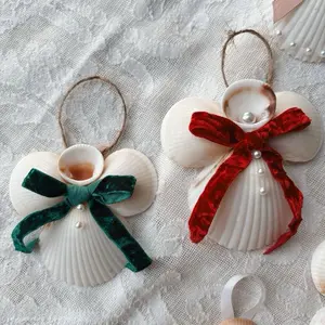 Shell Angel Christmas Tree Ornaments Custom Sea Shell Angels with Velvet Bows and Pearls for Unique Holiday Decorations - Set of 2 Ornaments