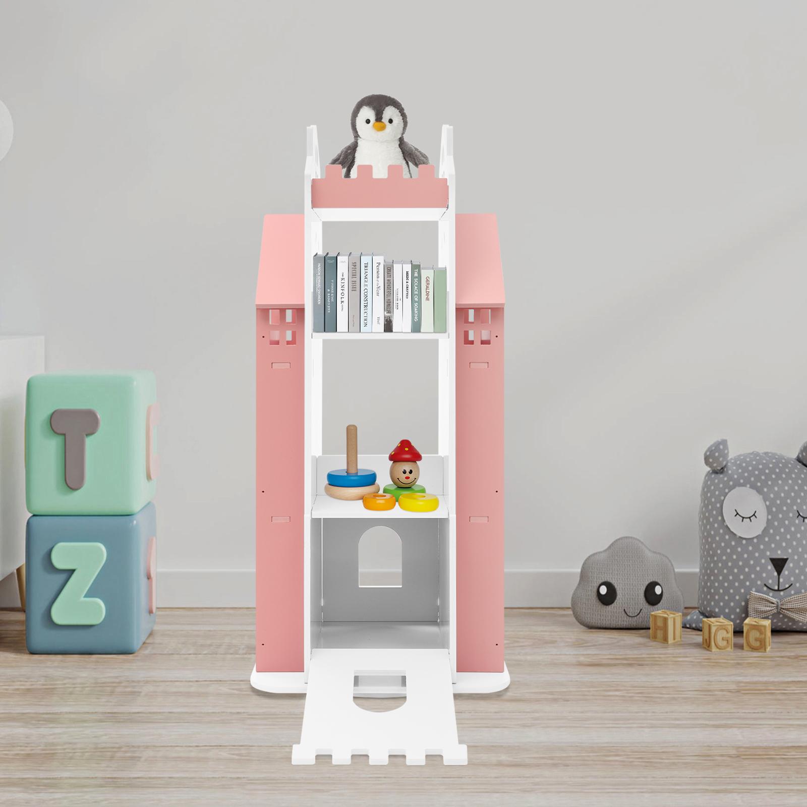 Modern pink-and-white color-block children’s rotating bookshelf, made of PVC×ABS, durable and easy to clean, high load capacity, multi-tier large storage capacity, freestanding floor-standing organizer for home, kids’ rooms, and studies/libraries.